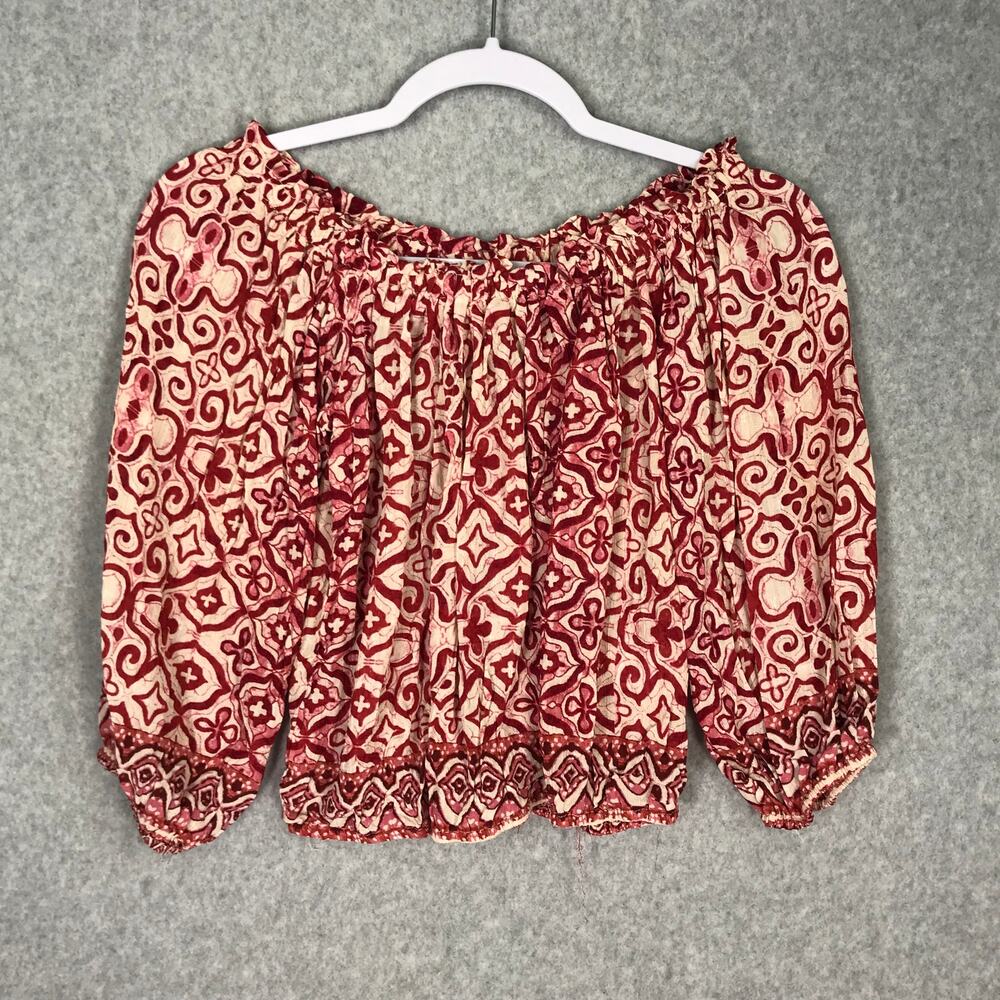 Nicole Miller Off The Shoulder Crop Top XS Red Puff Boho Western Cottage Paisley